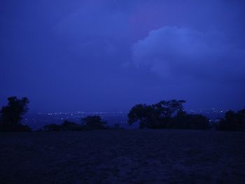 Silhouette trees on field against sky at night