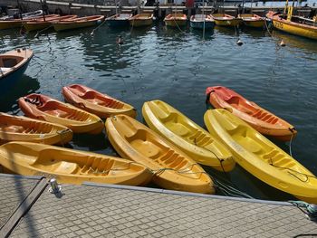 High angle view of nautical vessel moored in lake