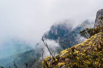 Scenic view of waterfall against sky