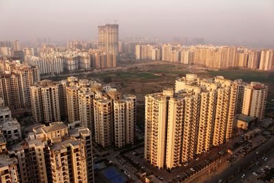 High angle view of modern buildings in city