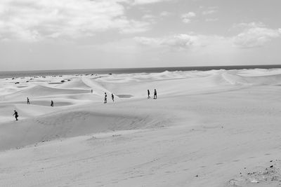 People at sandy beach against sky