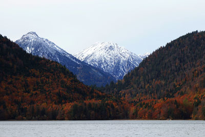 Scenic view of snowcapped mountains against clear sky