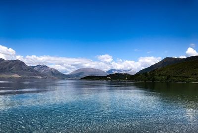 Scenic view of lake against blue sky