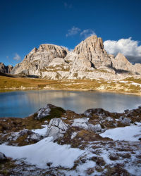 Scenic view of lake and snowcapped mountains against sky