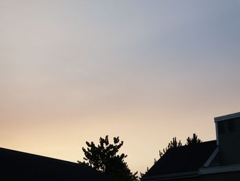 Low angle view of silhouette tree and building against clear sky