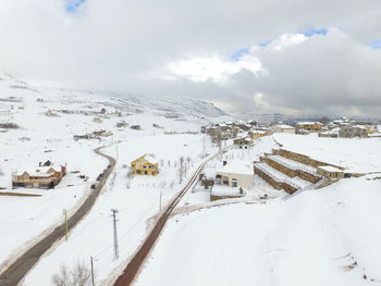 Snow covered landscape against sky