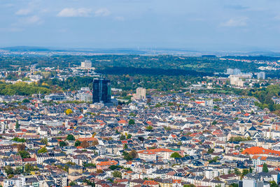 High angle shot of townscape against sky