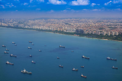 High angle view of boats in sea