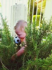 Close-up of girl playing with plants against trees