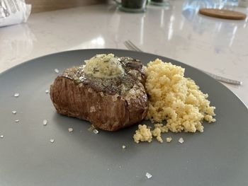 Close-up of breakfast served on table