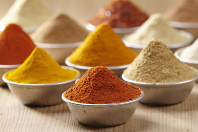 Close-up of various spices in containers on table