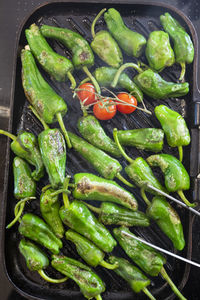 High angle view of chili peppers