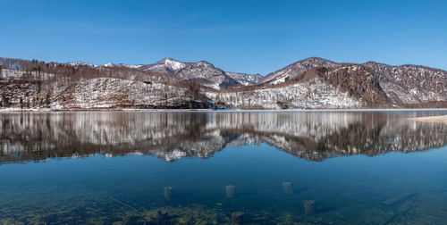 Scenic view of lake and mountains against blue sky