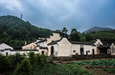 Houses by trees and buildings against sky