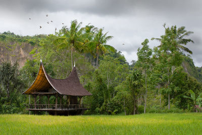 Gazebo on field against sky