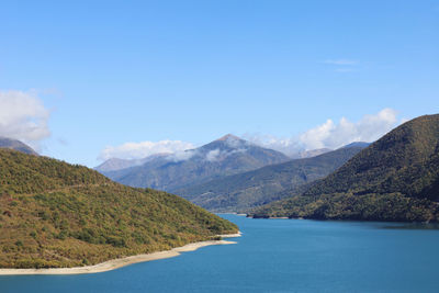 View of zhinvali reservoir, ananuri lake, in autumn with clear sky color , georgia.