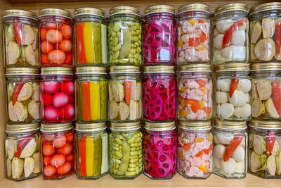 High angle view of multi colored candies in jar