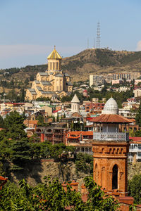 High angle view of buildings in city