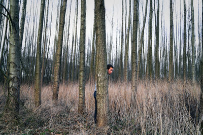 Man hiding behind tree in forest