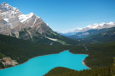 Scenic view of lake and mountains against blue sky