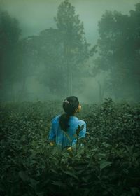 Rear view of woman standing amidst plants