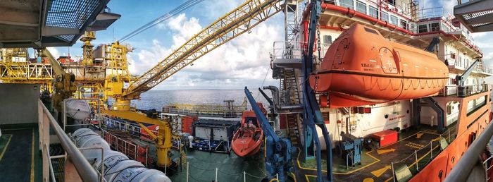 Panoramic view of commercial dock against sky