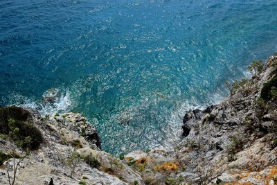 High angle view of rocks on beach