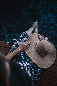 High angle view of woman wearing hat