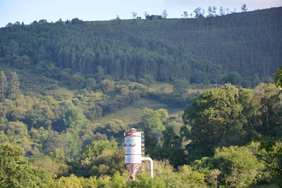 Trees on landscape against mountain range