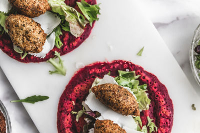 High angle view of food in plate on table