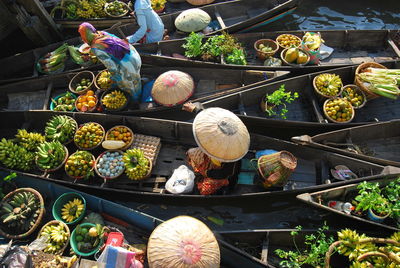 High angle view of fruits for sale at market stall