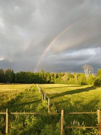 Scenic view of field against rainbow in sky