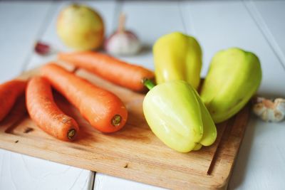 High angle view of chopped vegetables on cutting board