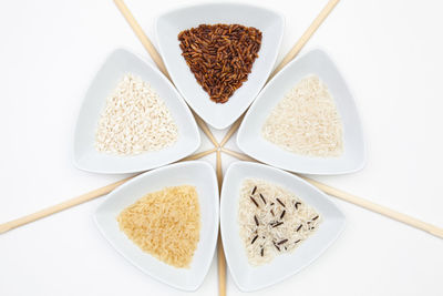 High angle view of breakfast on table against white background