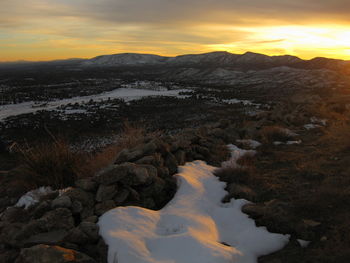 Scenic view of mountains against sky during sunset