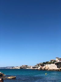 Scenic view of sea against clear blue sky