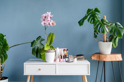 Stylish room interior with elegant dressing table and plants