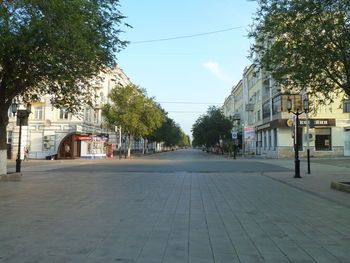 Street amidst trees and buildings against sky