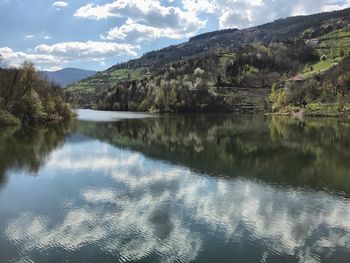 Scenic view of lake and mountains against sky