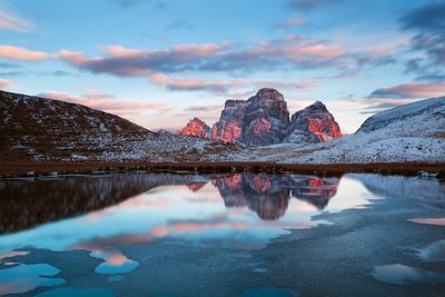 Scenic view of lake and snowcapped mountains against sky during sunset