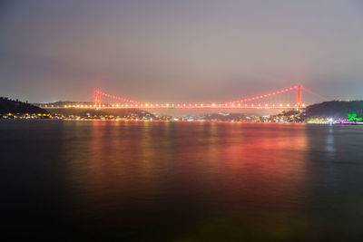 Illuminated bridge over river with city in background