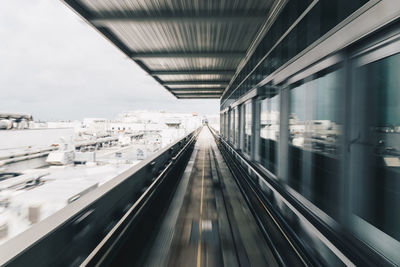 Blurred motion of railroad tracks in airport