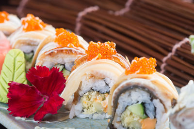 Close-up of sushi served in plate