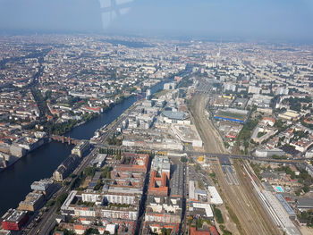 High angle view of buildings against sky