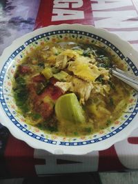 High angle view of soup in bowl on table