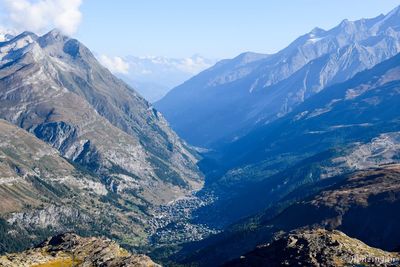 Scenic view of snowcapped mountains against sky