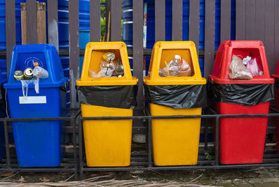 Multi colored garbage can against blue sky