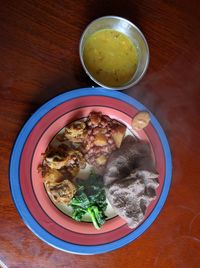 High angle view of meal served on table