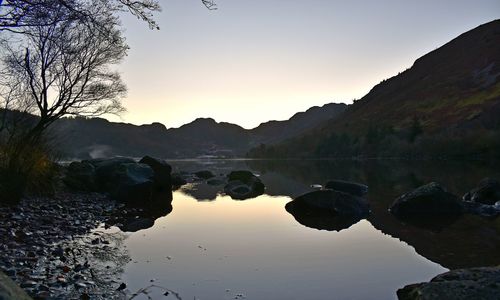 Scenic view of lake against sky during sunset