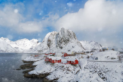 Scenic view of snow covered mountains against sky